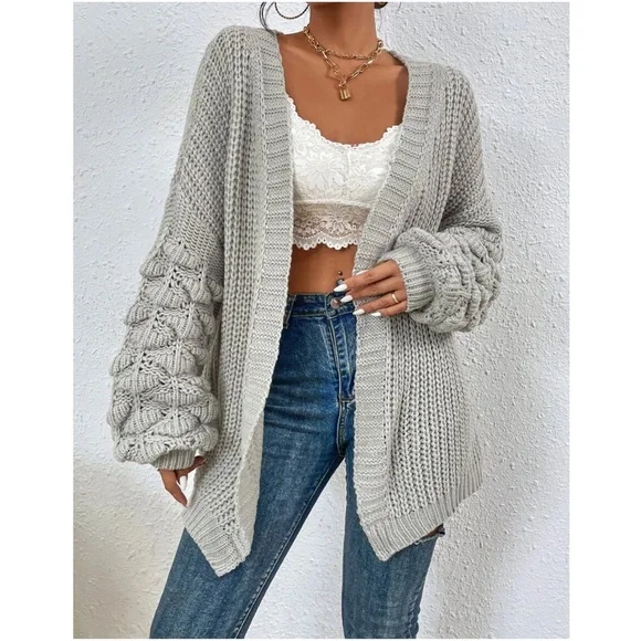 #18 Cozy Grey Open Front Pom Pom Sleeve Cardigan - Picture 2 of 5